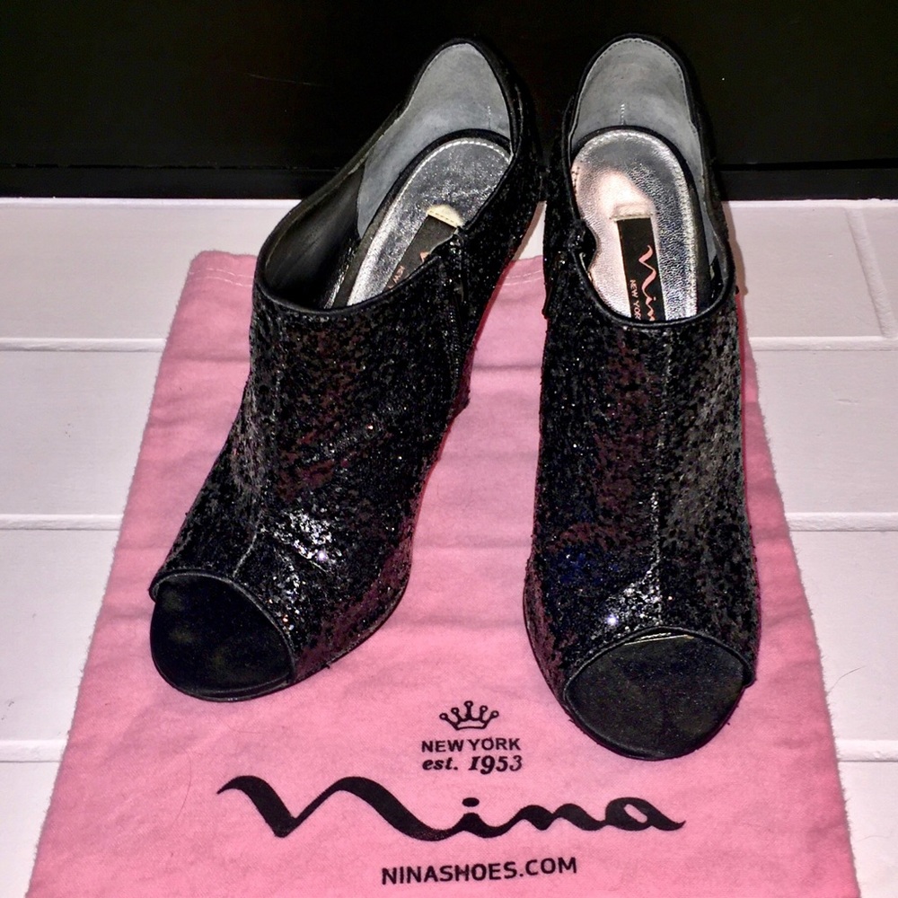 Nina Glitter Peep Toe Wedge Booties